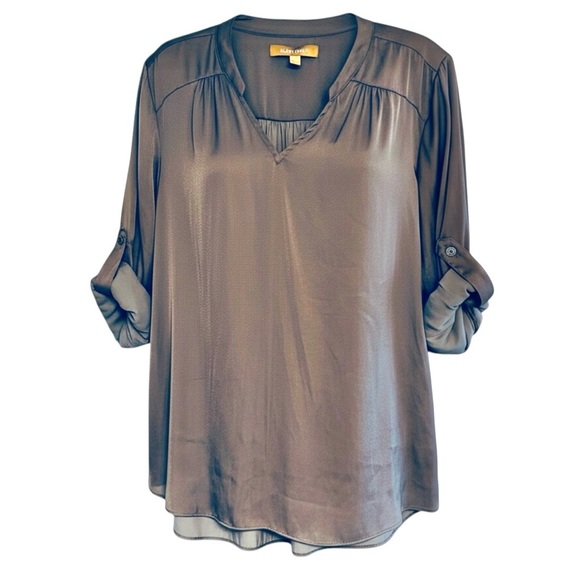 Eileen Tracy Blouse Gray V-Neck Long Sleeve/Roll Tab Sleeve Top Size L - Picture 4 of 8